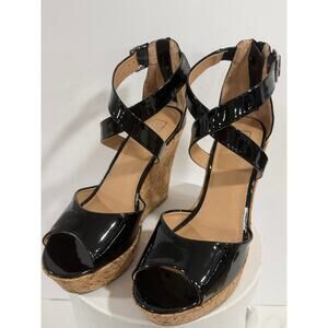 Y2K Material Girl Patent Cork Platform Wedge Sandals Glossy Black Heels Size 8.5